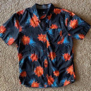 Vans Black Orange Blue Tropical Floral Print Button Down Tailored Fit Shirt L